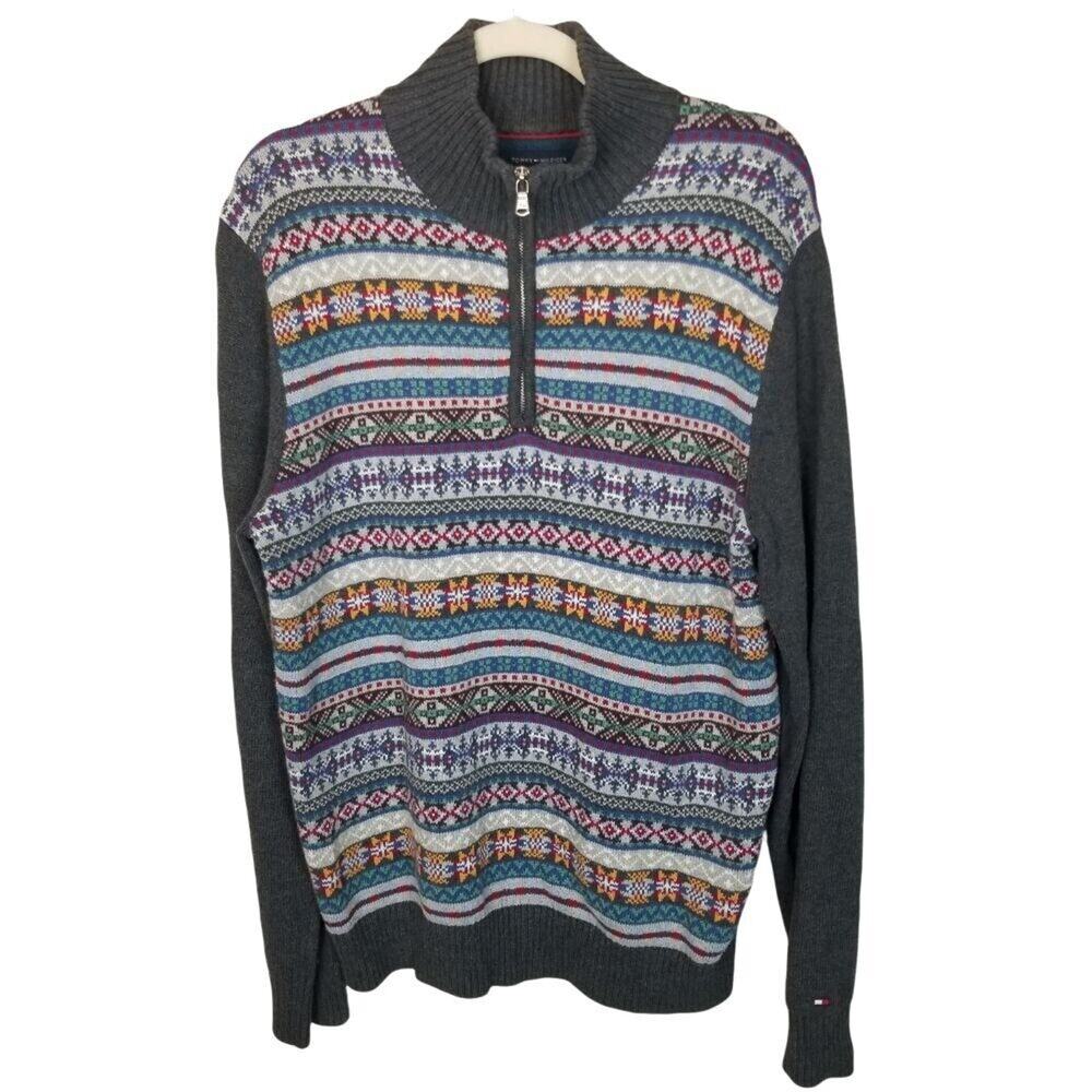 Tommy Hilfiger Mens Fair Isle 1/4 Zip Sweater Sz M S Apres Ski Cabincore Holiday